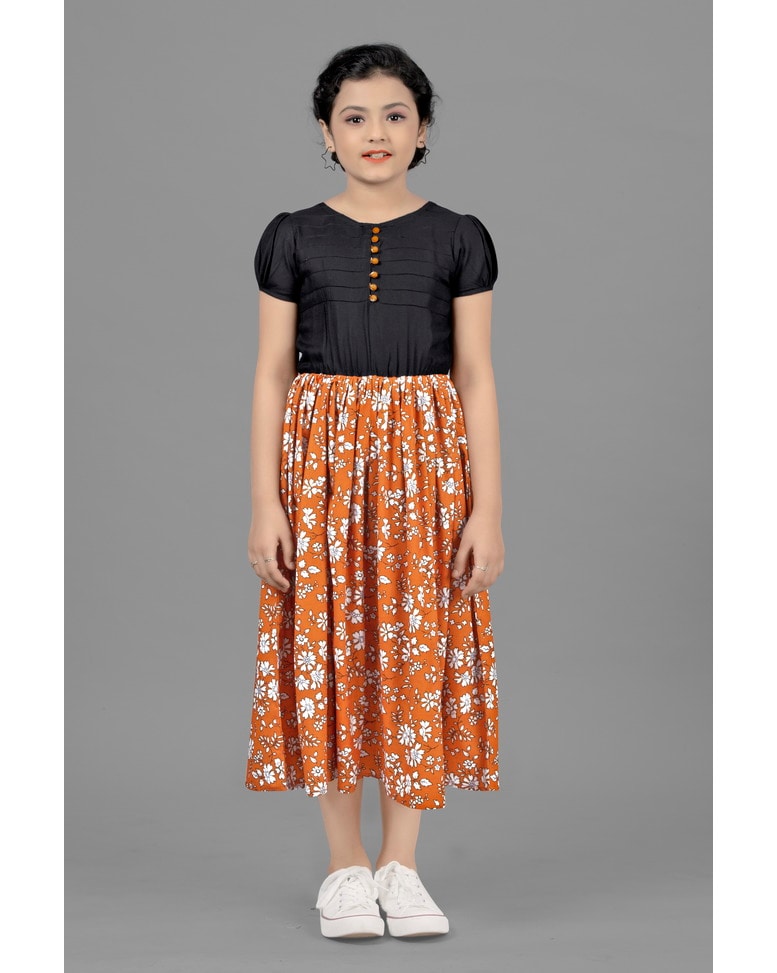 Chic Floral Orange & Black Casual Midi Dress for Girls - Inayah Fashion