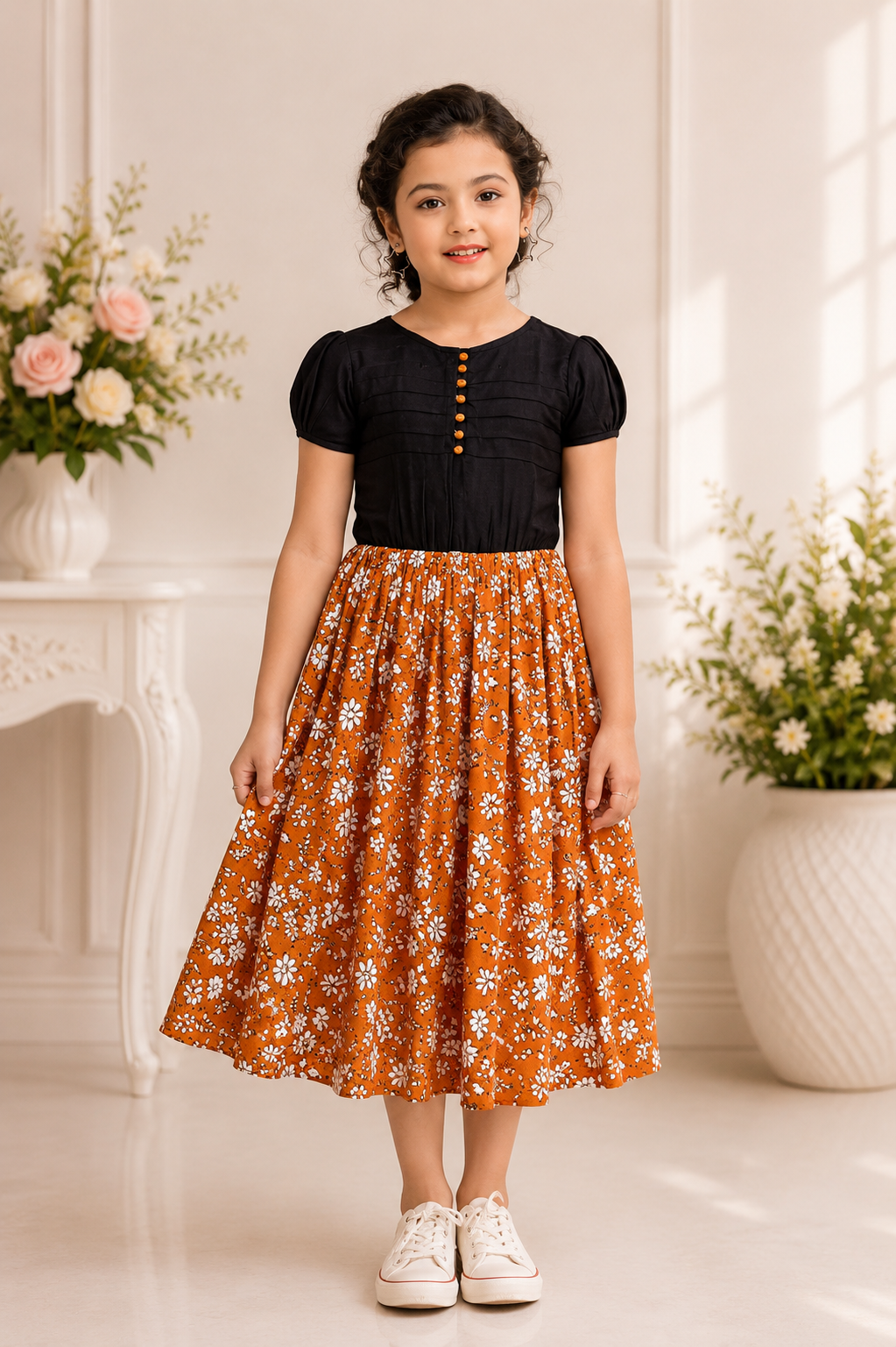 Floral orange and black casual midi dress for girls