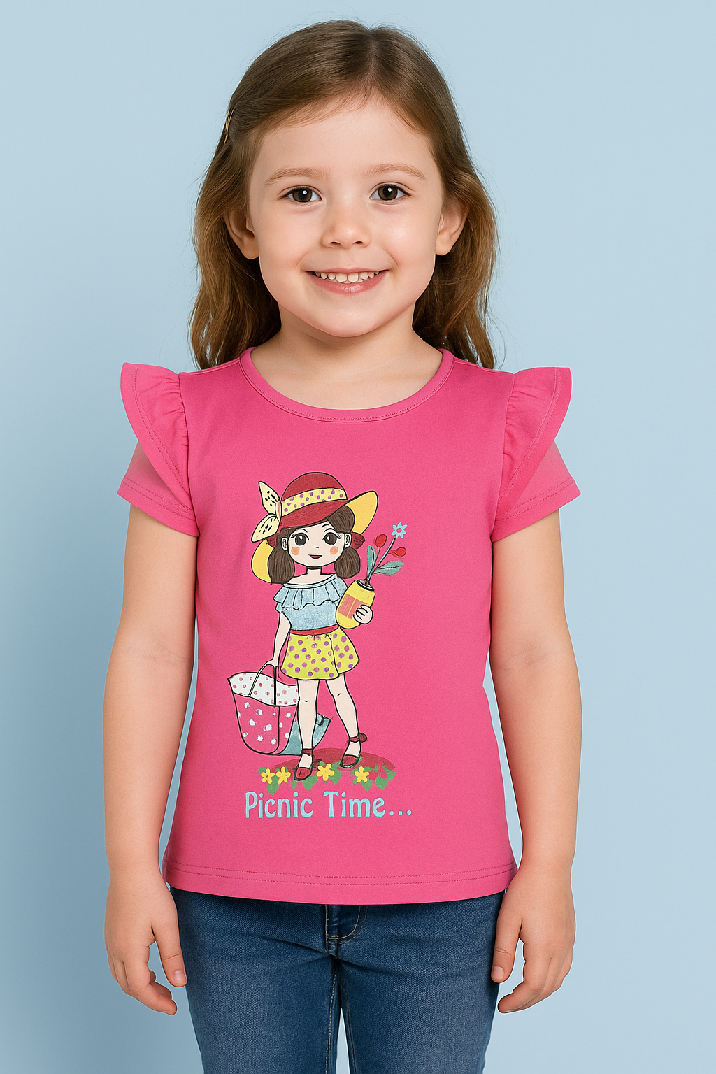 Pink “Picnic Girl” Sleeveless Frill Top for Girls – Cartoon Print Cotton Tee - Inayah Fashion