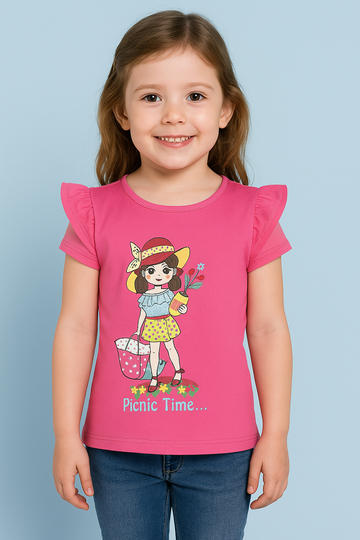 Girls pink sleeveless cotton top with cartoon print and frill detailing