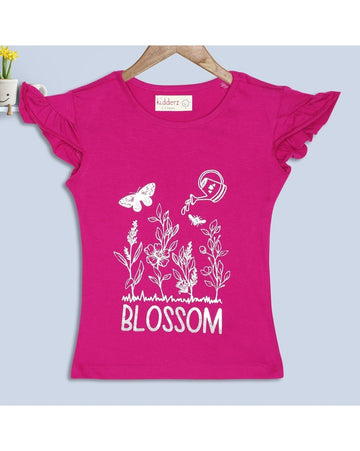 Girls Blossom Print Fuchsia Pink Ruffle Sleeve Cotton T-Shirt