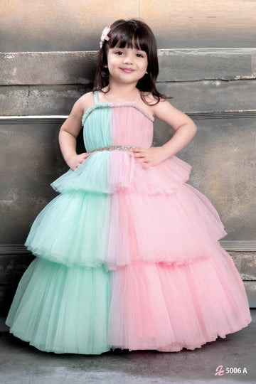 Girls Mint Green & Blush Pink Layered Princess Gown-Birthday dress for girls