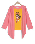 Supergirl Cartoon Print Yellow Top with Stylish Pink Shrug Girls' Outfit - Inayah Fashion