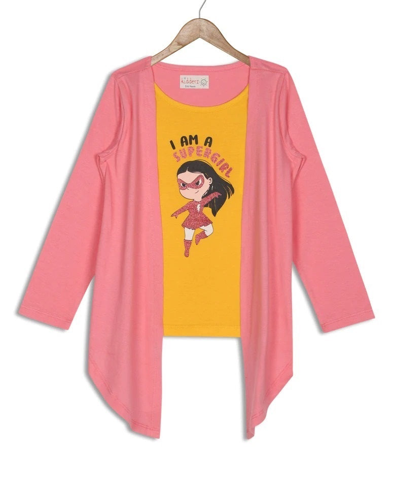 Supergirl Cartoon Print Yellow Top with Stylish Pink Shrug Girls' Outfit - Inayah Fashion