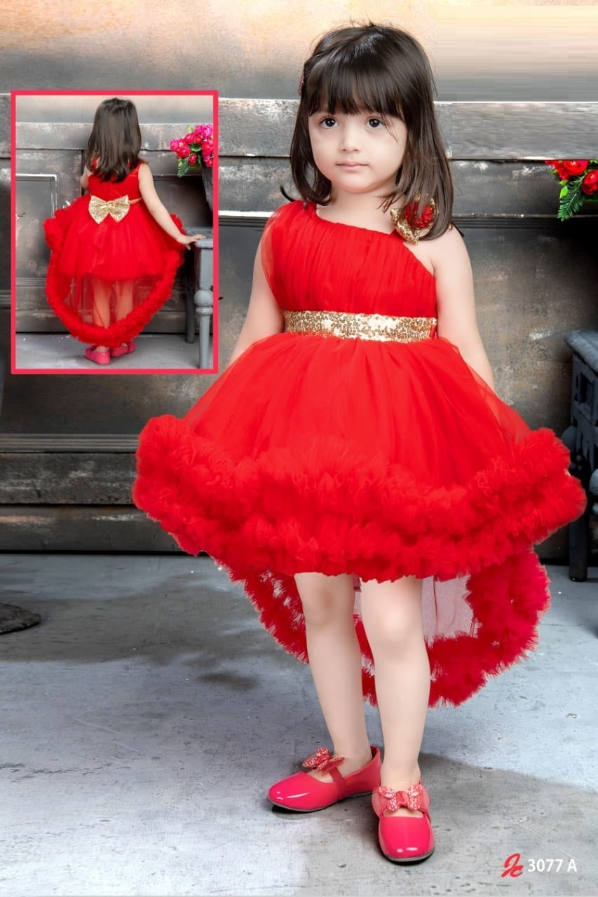 Red Ruffle Princess High-Low Gown – Golden Bow Party Dress - Inayah Fashion