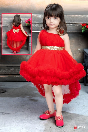 Red Ruffle Princess High-Low Gown – Golden Bow Party Dress - Inayah Fashion