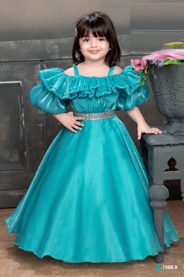 Turquoise ruffle party gown for girls with sparkling belt