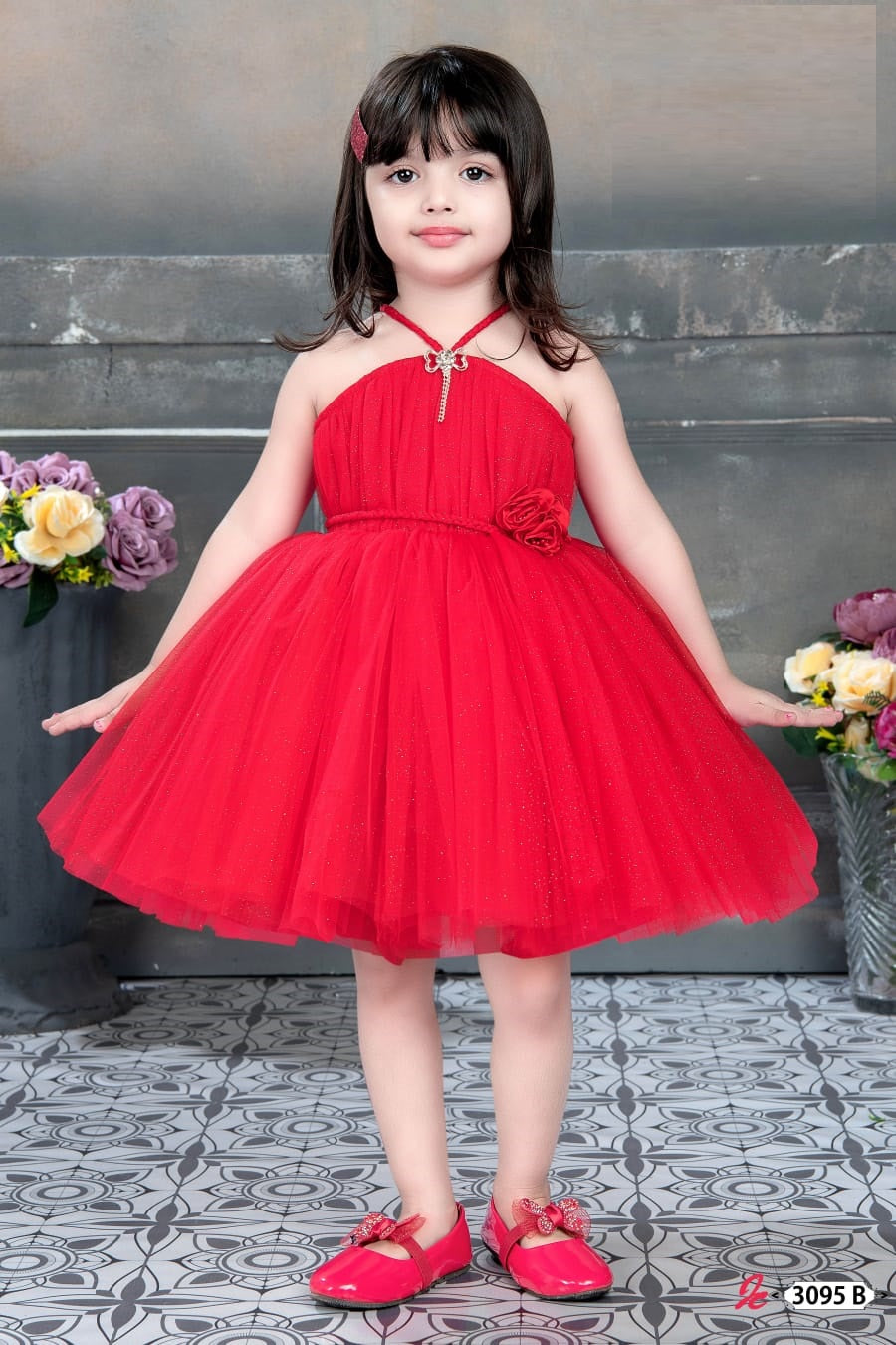 Bright Red Sleeveless Party Frock for Girls with Neck Charm - Inayah Fashion