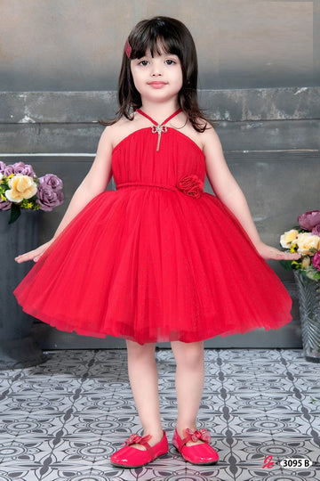 Bright Red Sleeveless Party Frock for Girls with Neck Charm - Inayah Fashion