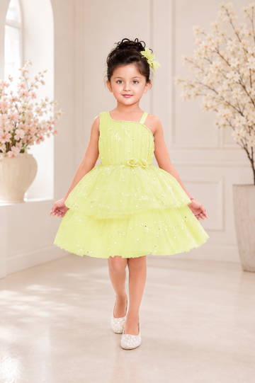 Lemon yellow pearl and sequin layered party frock for girls