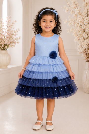 Navy blue and lavender tiered sequin party dress for girls