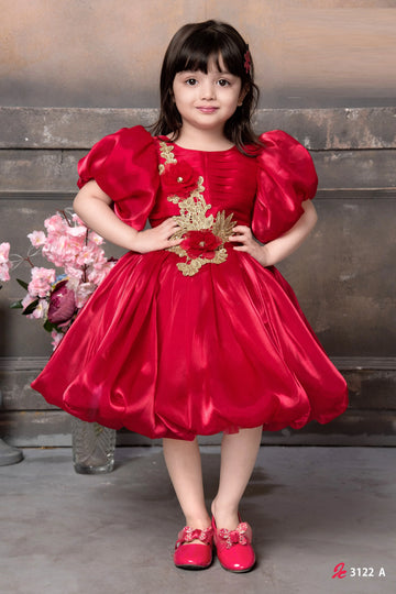 Luxury Red Satin Party Wear Dress for Girls with Golden Floral Embroidery