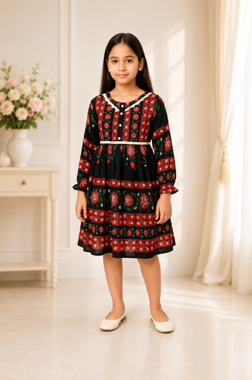 Girls black and red floral printed long sleeve vintage dress