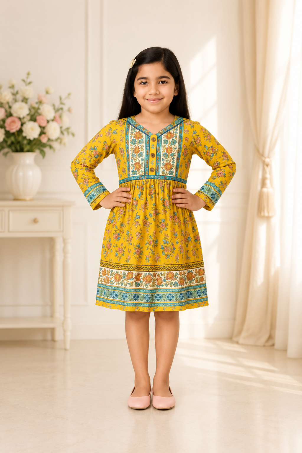 Girls mustard ethnic printed full sleeve dress with blue border