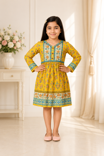 Girls mustard ethnic printed full sleeve dress with blue border