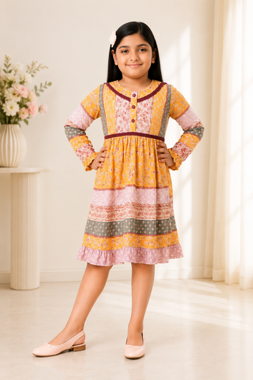 Girls mustard and lilac patchwork long sleeve boho dress