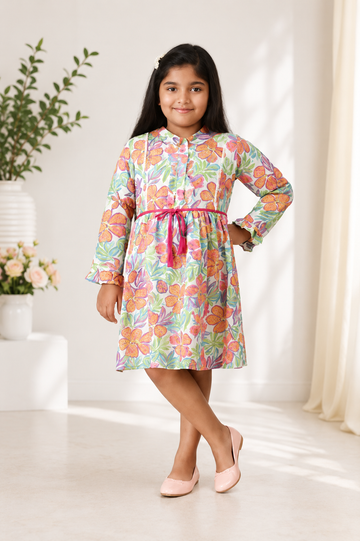 Girls Multicolor Tropical Floral Printed Long Sleeve Dress – Belted Fit & Flare Style