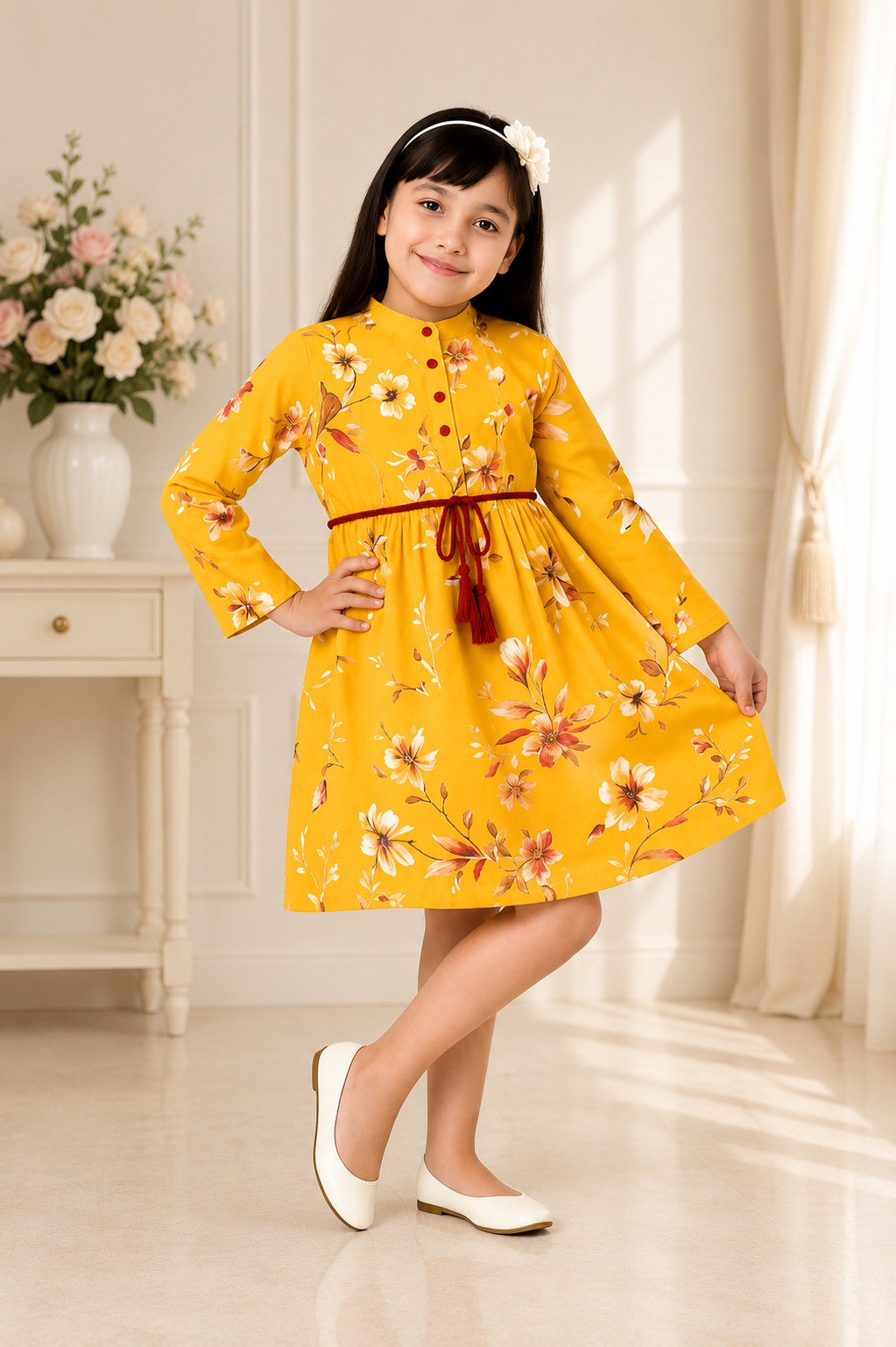 Girls mustard floral A-line dress with belt and full sleeves