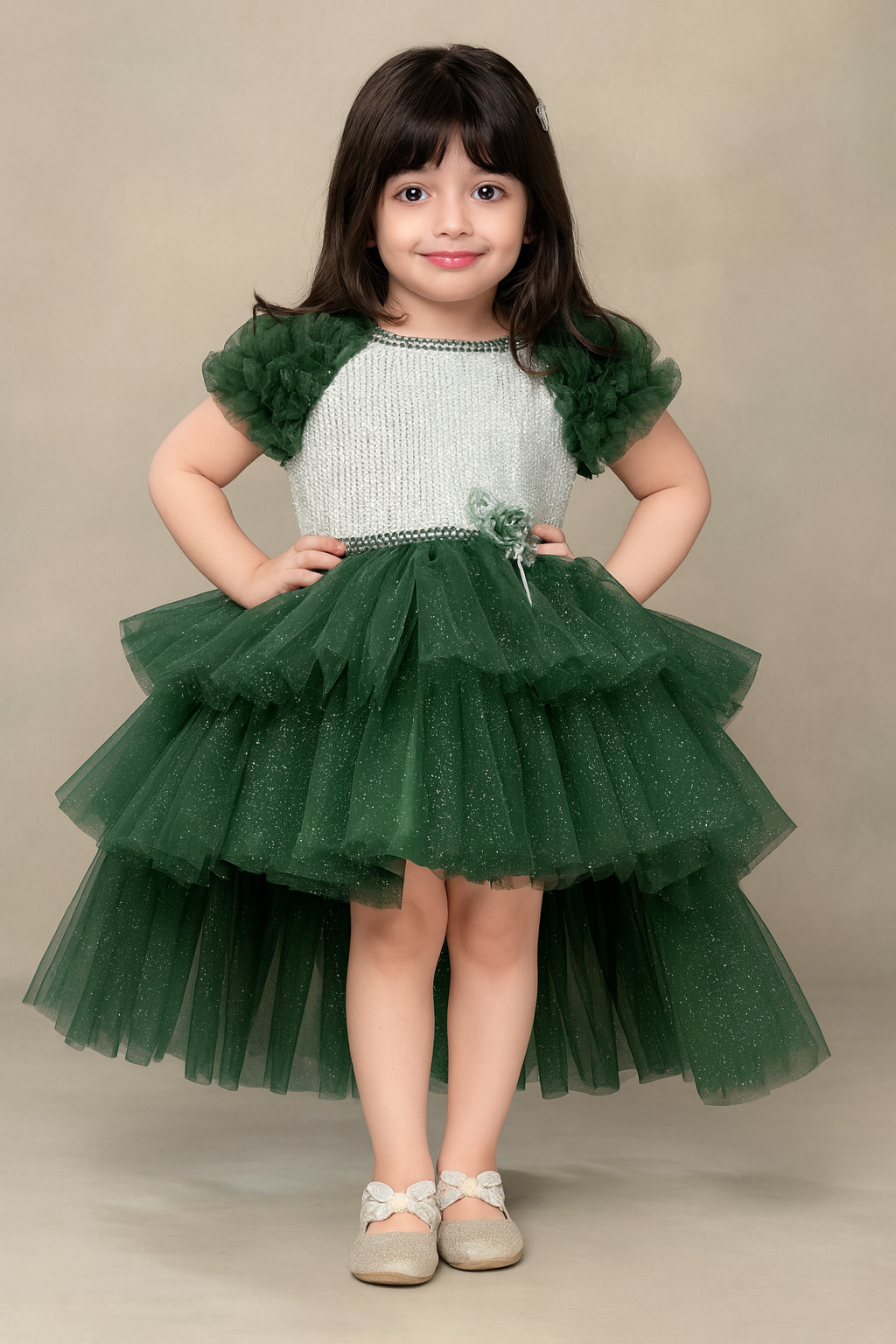 Red multi-layered applique sleeveless party gown for girls