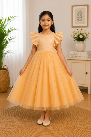 Golden yellow party gown for girls with glitter bodice and flared tulle skirt