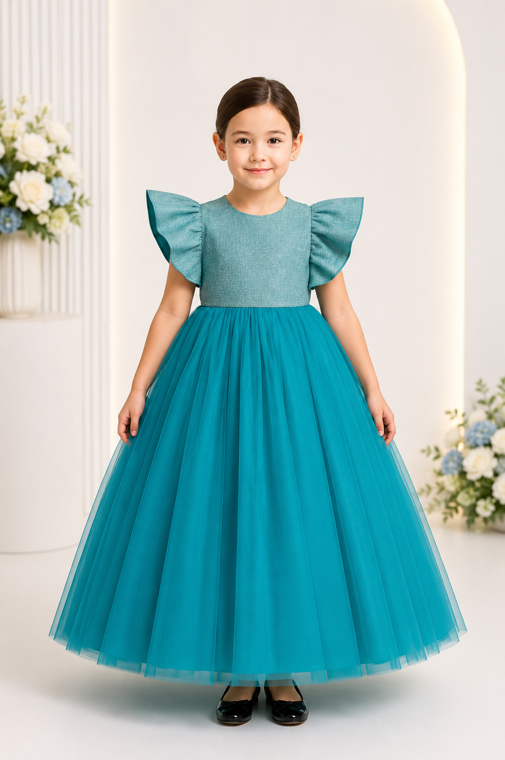 Teal blue tulle party gown for girls with shimmer bodice and butterfly sleeves