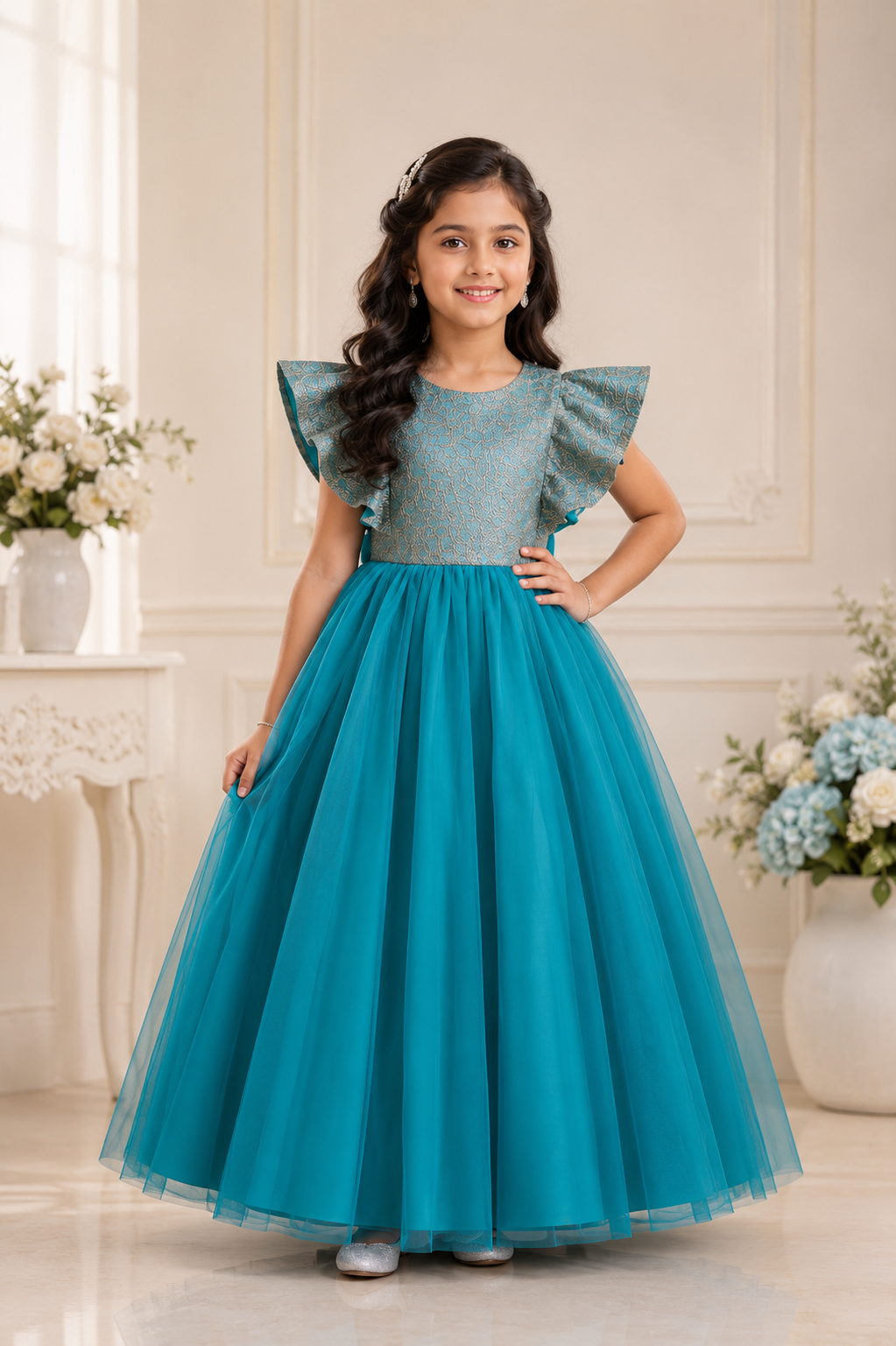 Girls teal blue tulle party gown with shimmer bodice and butterfly sleeves