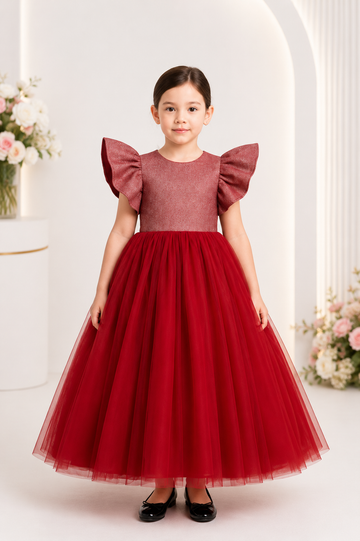 Elegant Red Tulle Gown with Glitter Bodice & Ruffle Sleeves for Girls