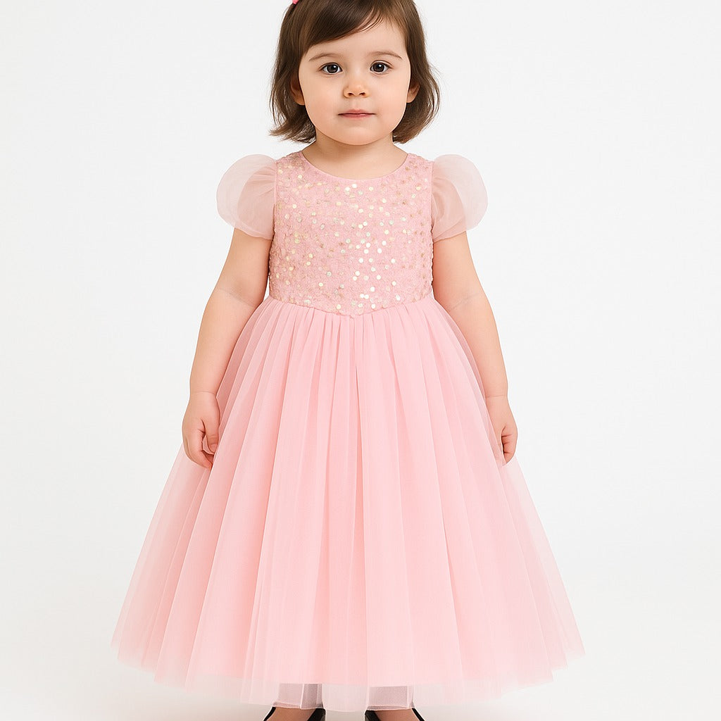 Pastel Pink Princess Gown for Girls – Sparkle Sequin Tulle Birthday Dress - Inayah Fashion