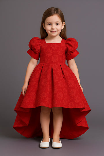 Classic Red High-Low Party Gown for Girls – Puff Sleeve Floral Jacquard Dress - Inayah Fashion