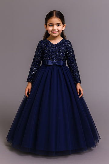Girls Navy Blue Sequin Gown – Full-Length Long Sleeve Party Dress with Tulle Skirt - Inayah Fashion