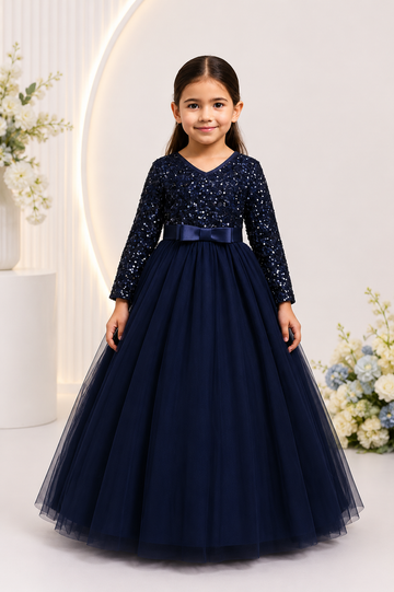 Girls Navy Blue Sequin Gown – Full-Length Long Sleeve Party Dress with Tulle Skirt