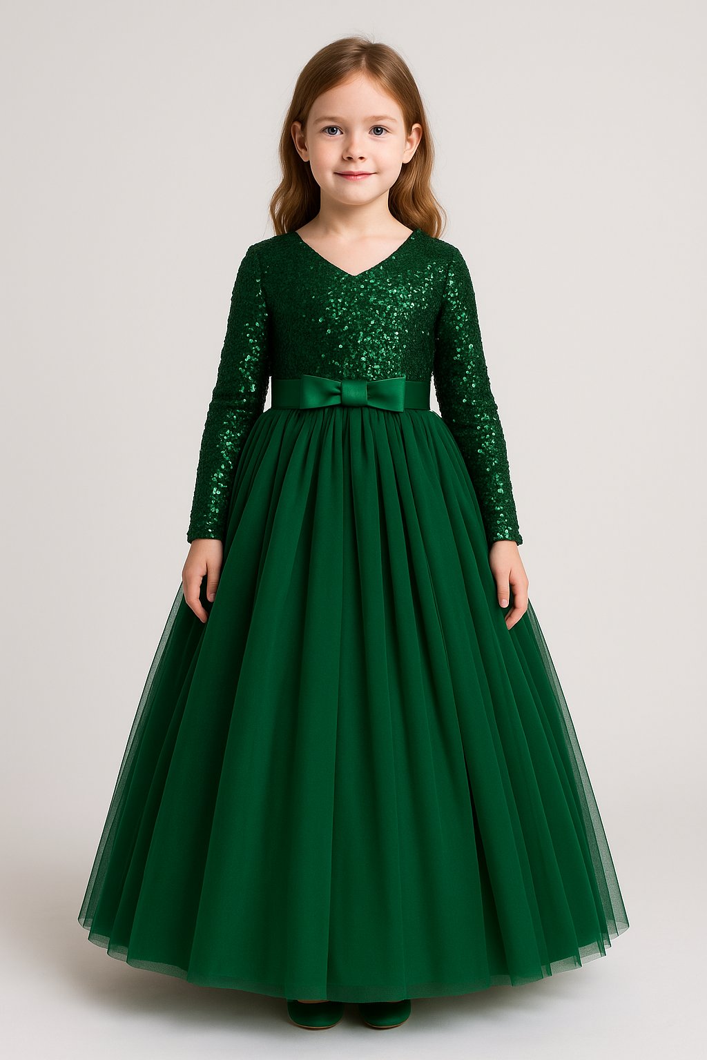 Green sequin long gown for girls with long sleeves and tulle skirt