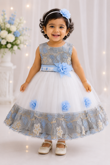 White and blue frosted bloom party dress for girls