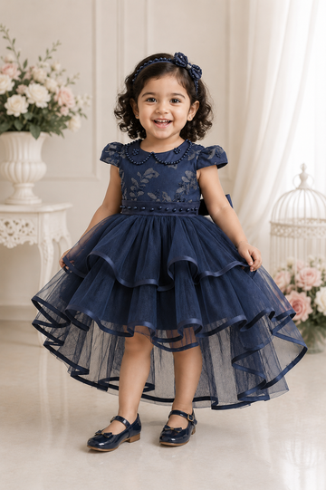 Navy blue embroidered layered frock for baby girls with pearl collar