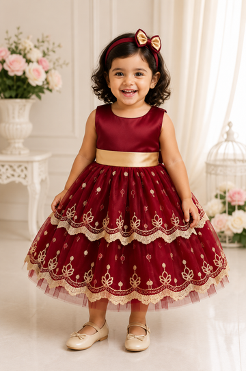 Maroon & Cream Baby Girl Party Frock with Matching Headband – Embroidered Tulle Dress for Birthdays & Special Events