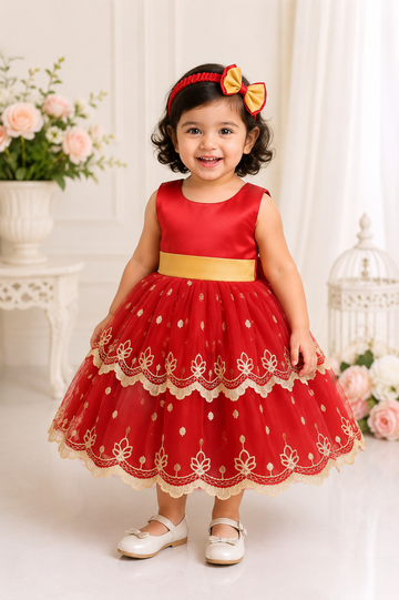 Red & Cream Baby Girl Party Frock with Headband – Elegant Embroidered Dress for Special Occasions