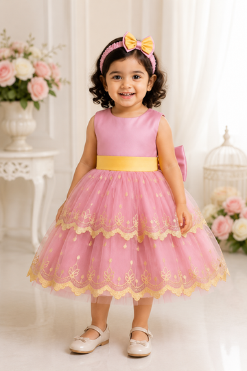Pink & Yellow Embroidered Net Party Dress for Baby Girls with Matching Headband