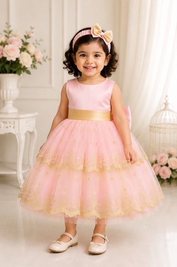 Peach & Gold Embroidered Baby Girl Frock with Matching Bow Headband
