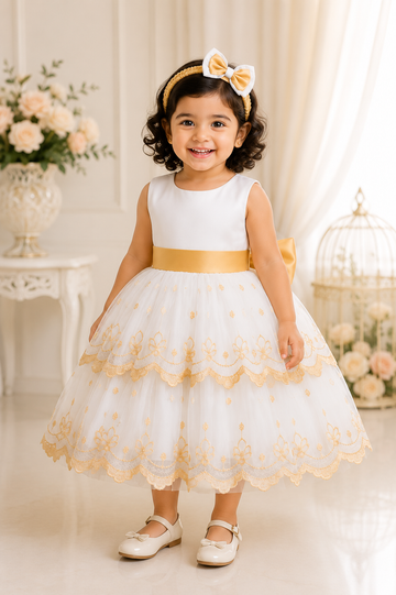 White & Yellow Baby Girl Party Dress with Headband –Baby Pink Party Dress with Golden Embroidery