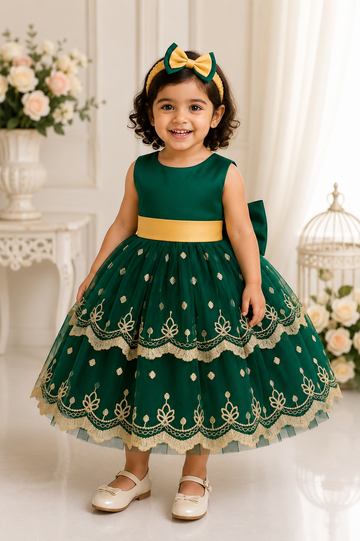 Green and Cream Baby Girl Party Frock with Bow & Embroidery – Premium Baby Wear