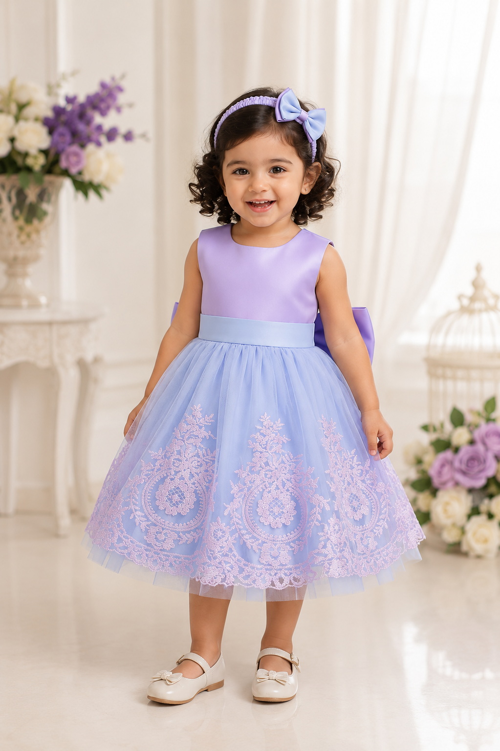 Purple and blue embroidered tulle party gown for girls with matching headband