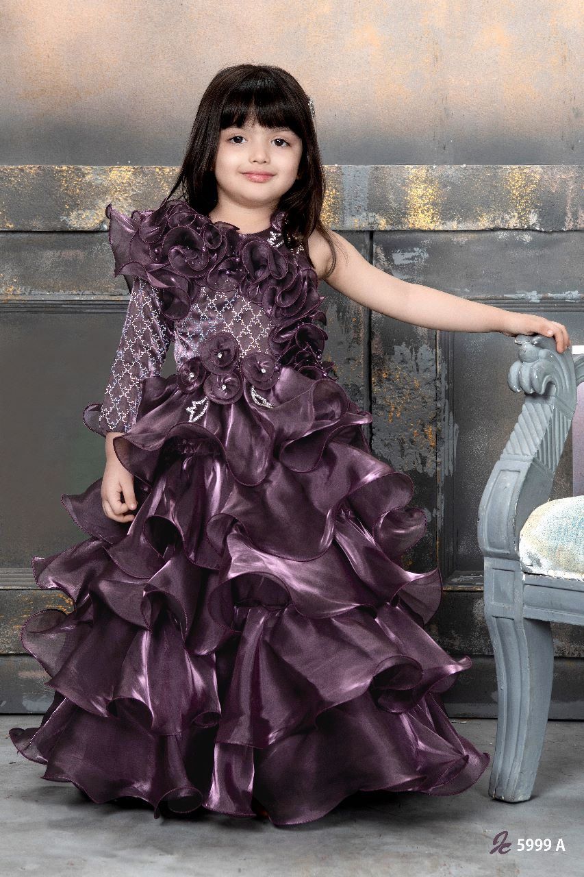 Royal Purple Ruffle Ball Gown for Girls with Floral Detailing - Inayah Fashion