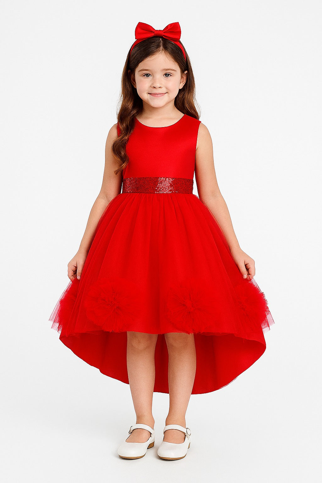 Red High-Low Net Party Dress for Girls – Sleeveless Gown with Sequin Waist & Pom-Pom Hem - Inayah Fashion