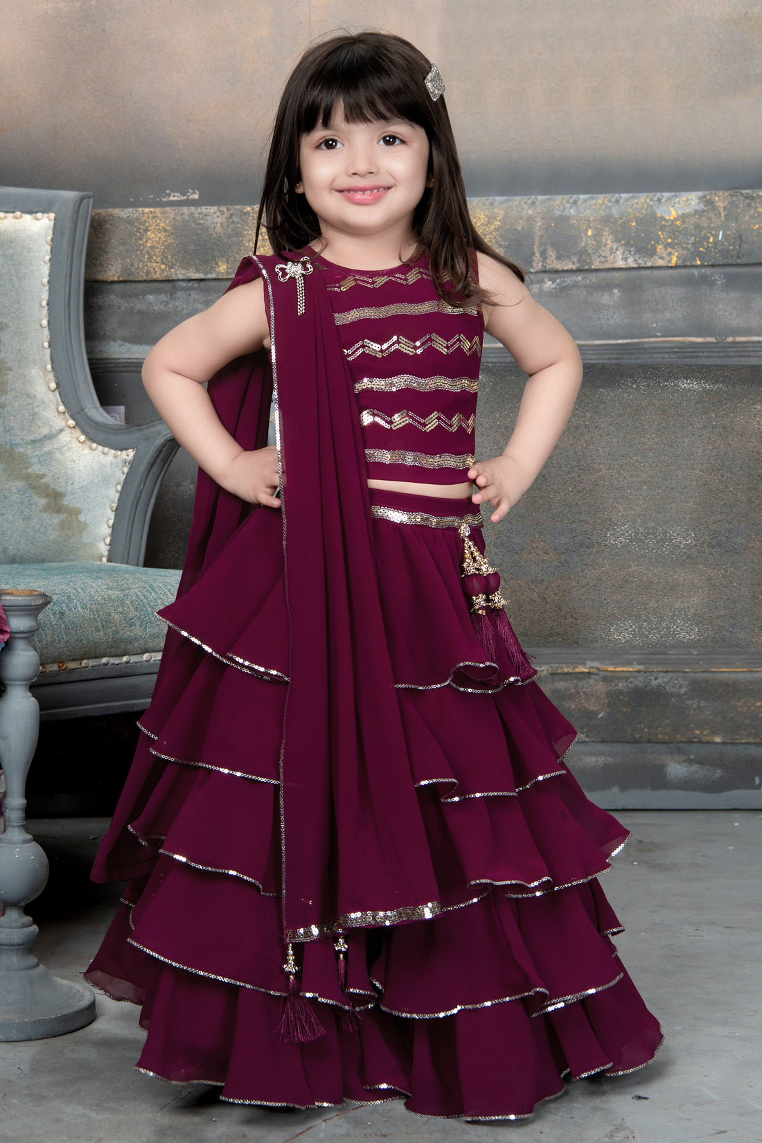 Royal charm in this Maroon Tiered Ruffle Lehenga Choli Set for Girls - Inayah Fashion