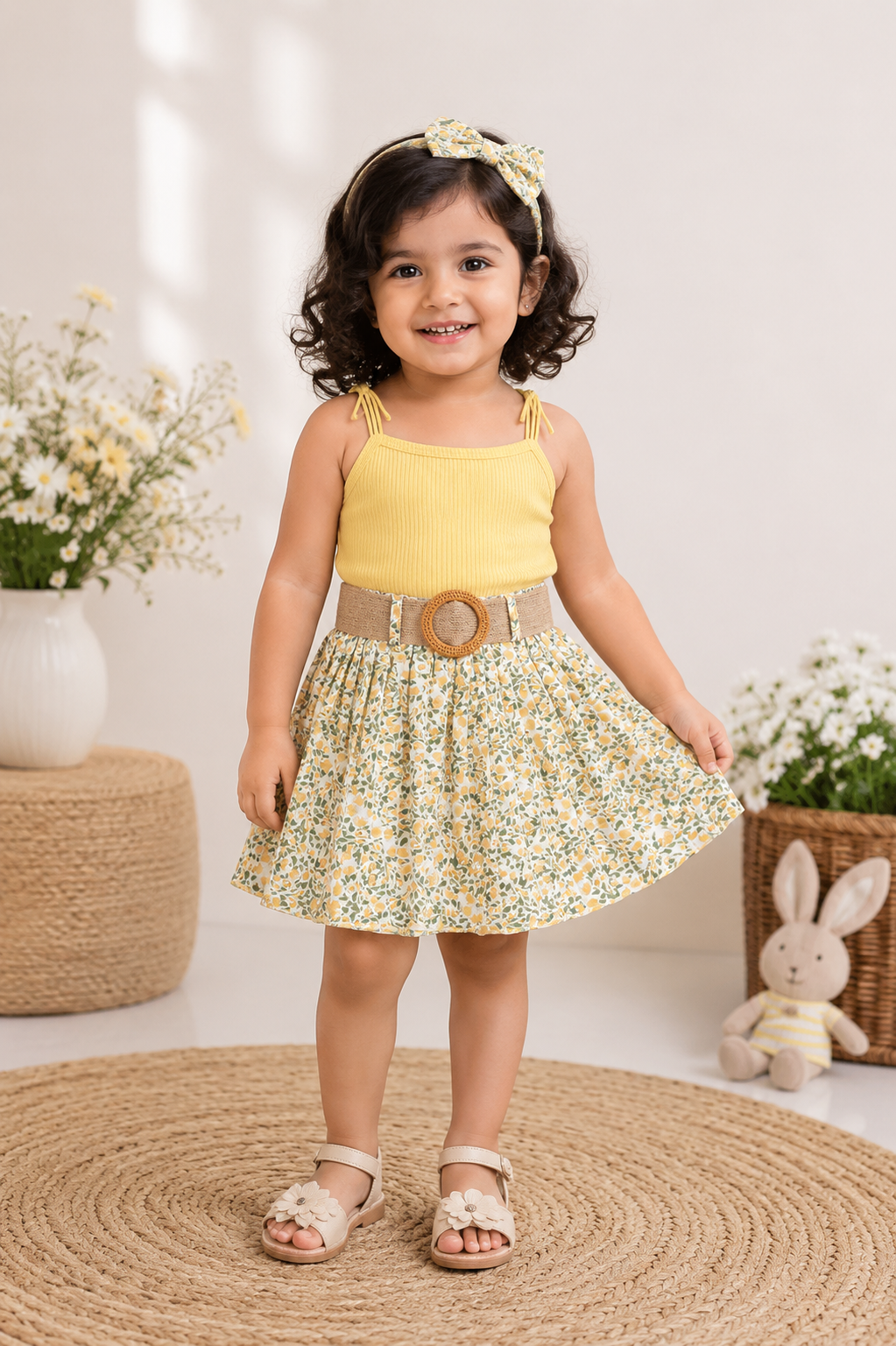 Yellow spaghetti-strap crop top with floral pleated skirt set for girls