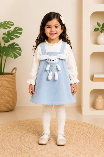 Blue pinafore with cream ruffle top and plush bunny pocket for girls