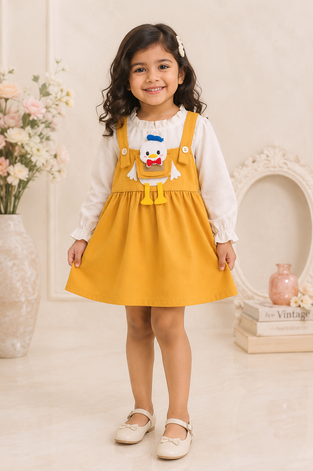 Sunny duck charm pinafore dress set for baby girls
