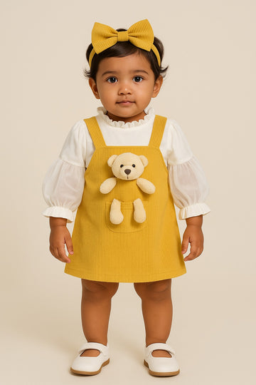 Mustard Corduroy Teddy Pocket Jumper Dress with White Puff Sleeve Inner – 2-Piece Girls' Outfit - Inayah Fashion
