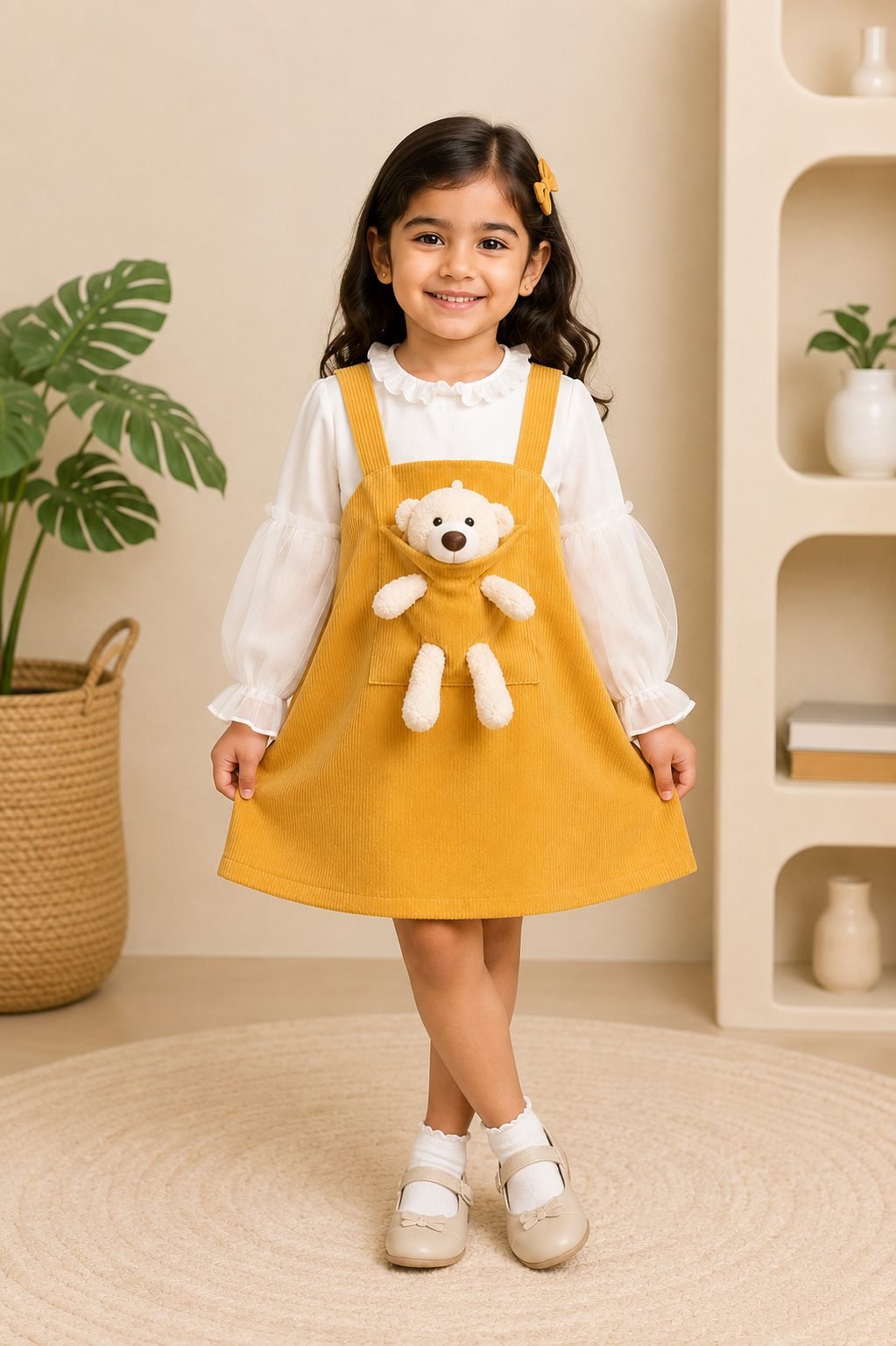 Mustard Corduroy Teddy Pocket Jumper Dress with White Puff Sleeve Inner – 2-Piece Girls' Outfit
