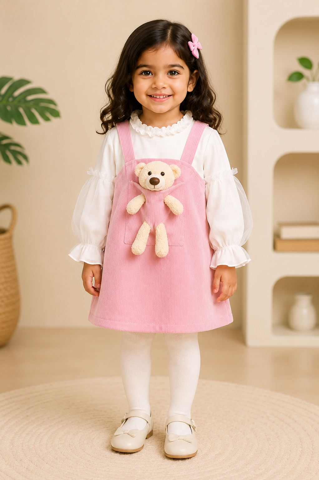 Pink dungaree dress with teddy toy and full-sleeve top for baby girls